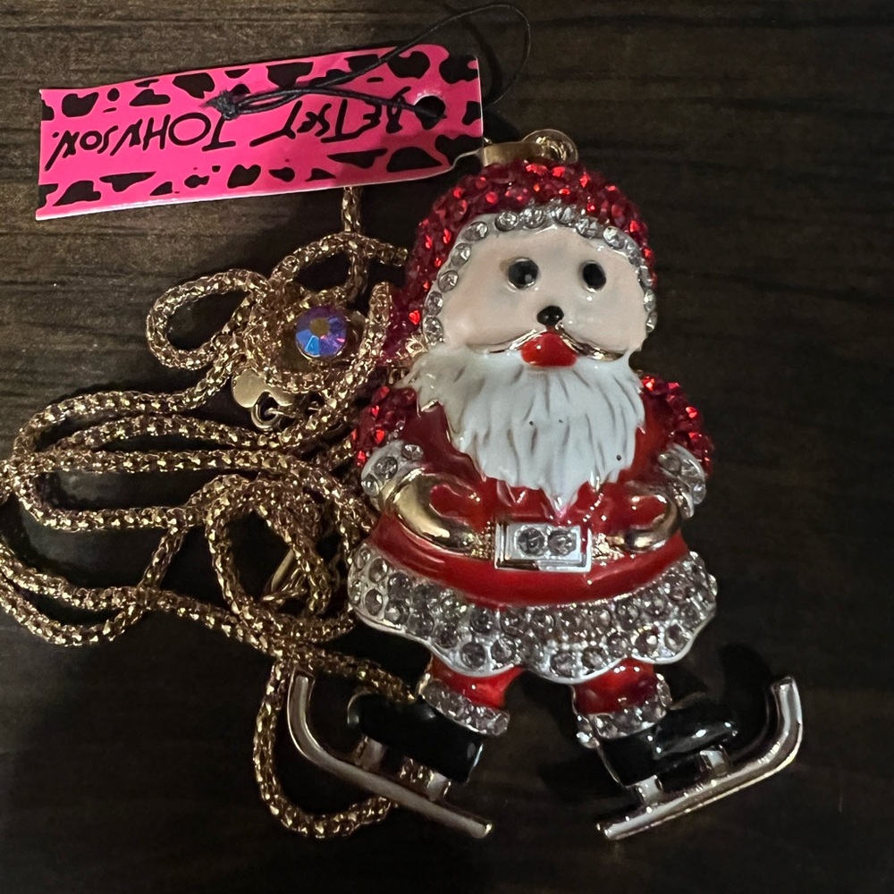 Betsey Johnson crystal enamel Santa  necklace on ice skates new